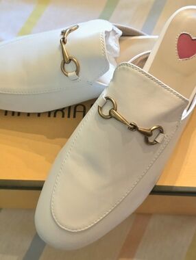 White Leather Slip-On Mules with Gold Bit Detail